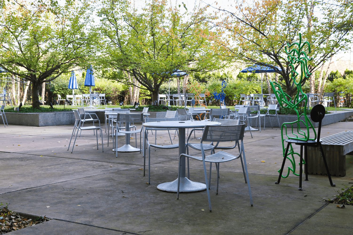 Outdoor patio with tables and chairs shaded by trees