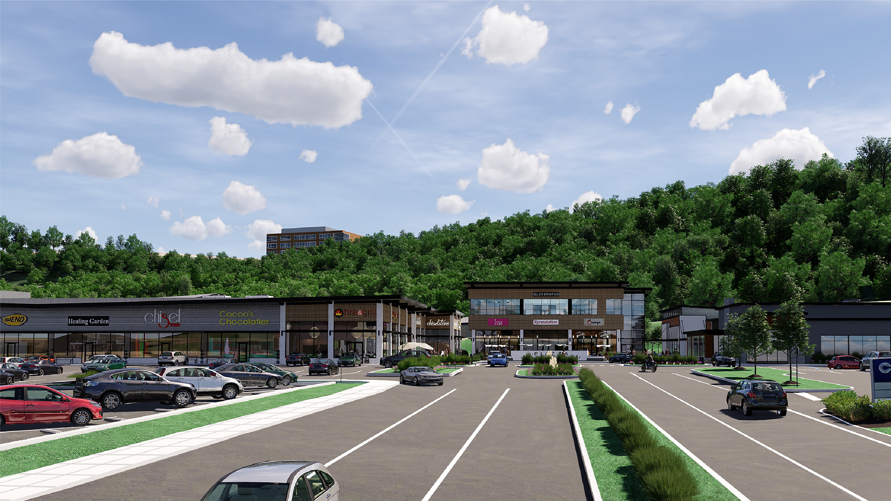Digital rendering of The Piazza shopping plaza with parked cars in its lot, and a hill with trees behind it