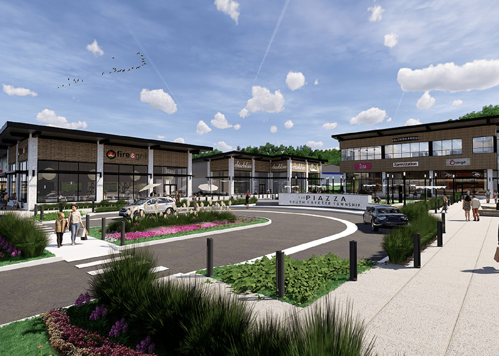 Digital rendering of the Piazza shopping plaza with the center's sign that reads: The Piazza, South Fayette Township
