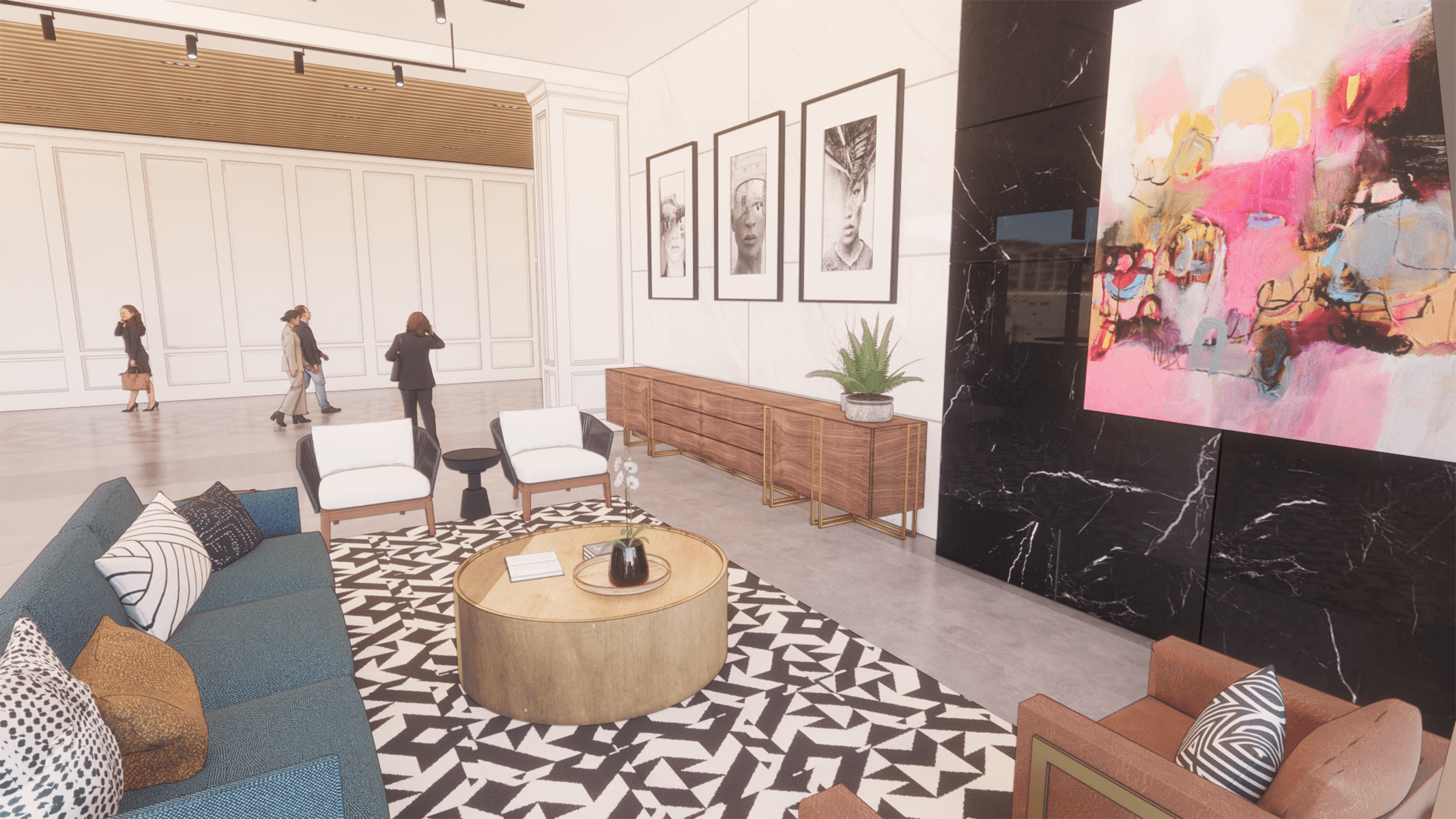 digital rendering of common area with furniture