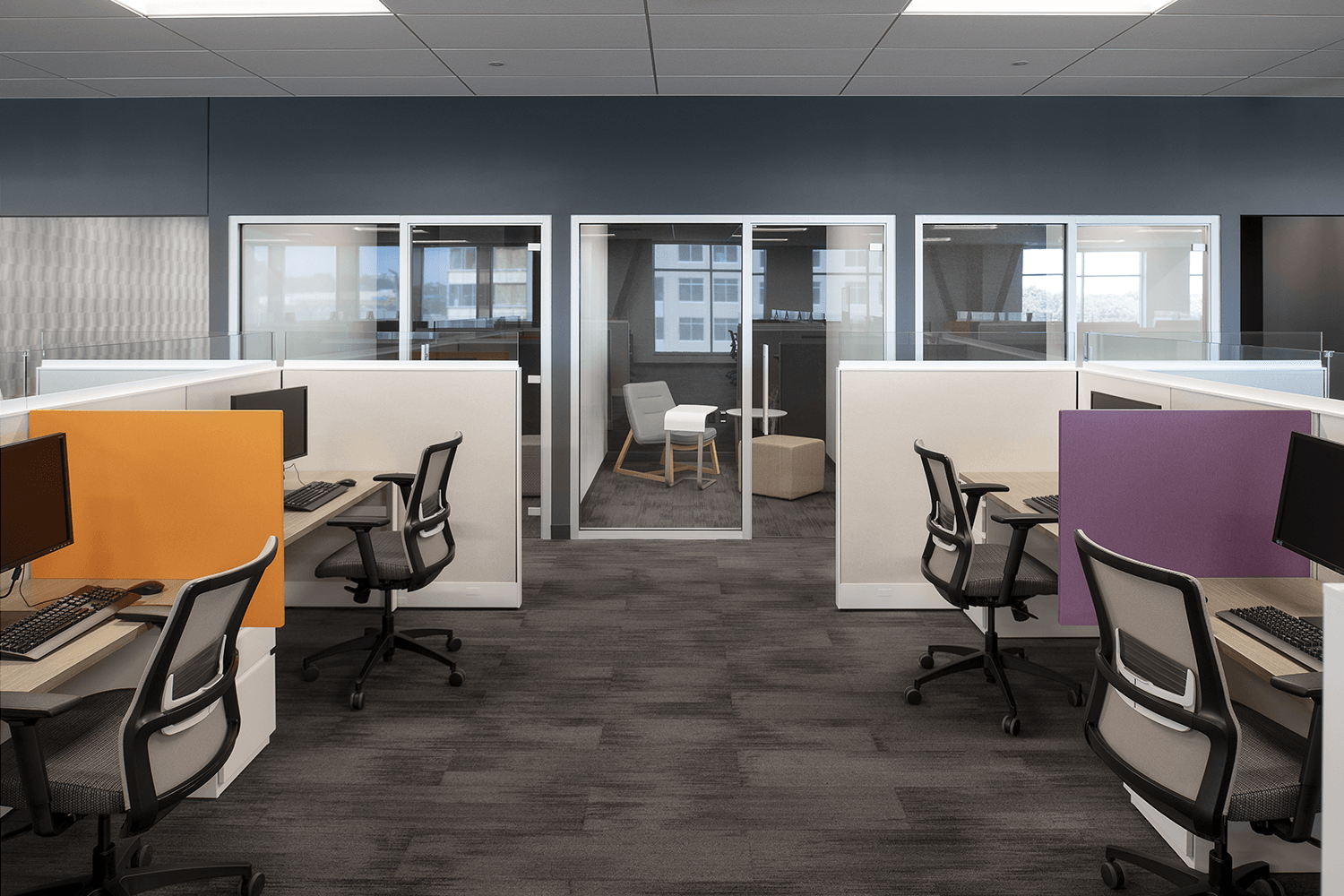 cubicles with orange and purple accent dividers
