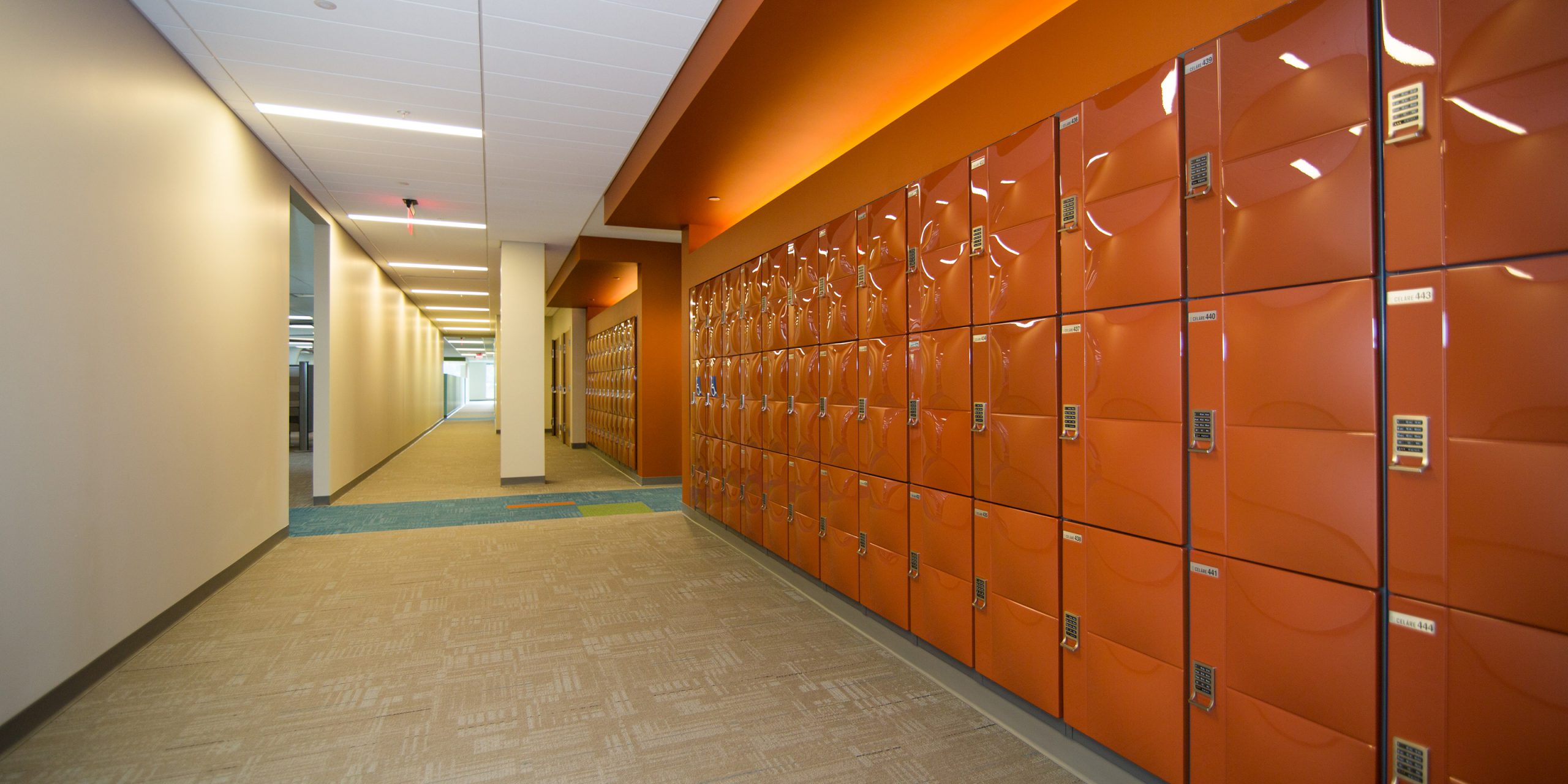 row of orange lockers