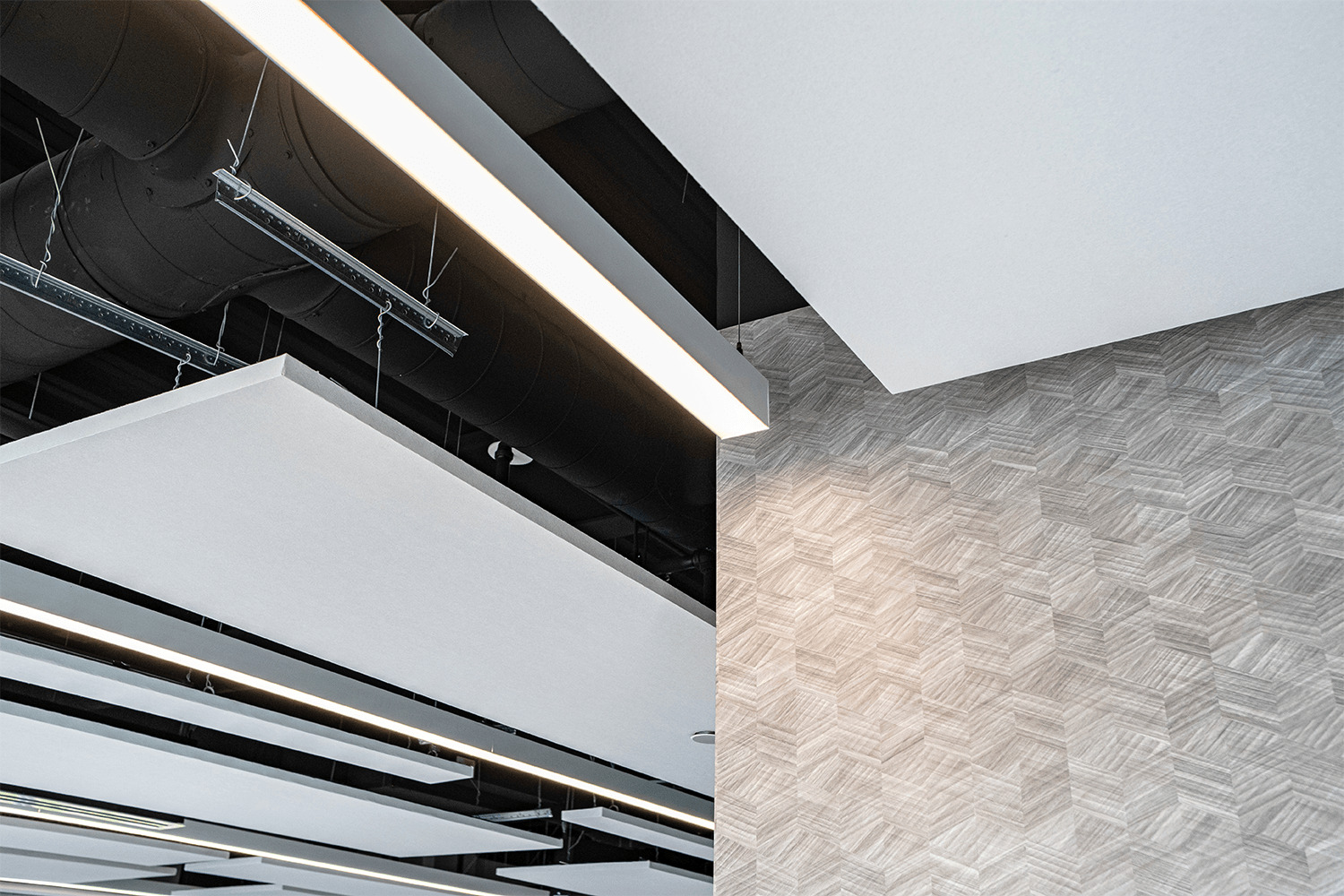 geometric, hanging ceiling panels and light fixtures