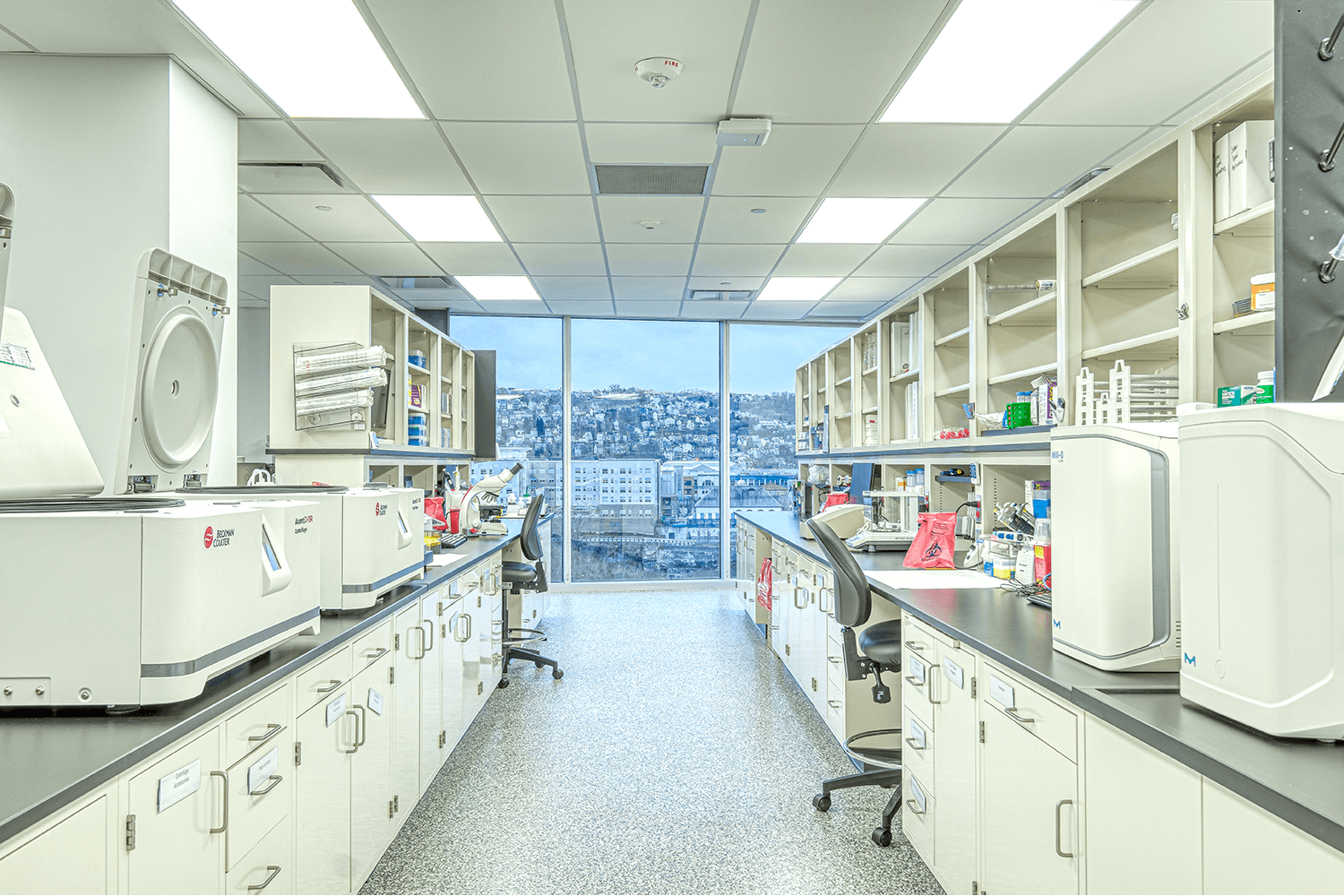wet lab workspace with shelves and lab equipment
