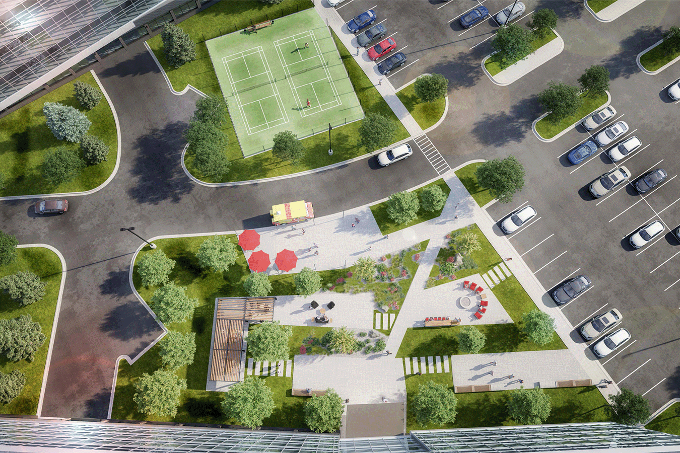 aerial view of outdoor seating area with firepits and pickleball courts