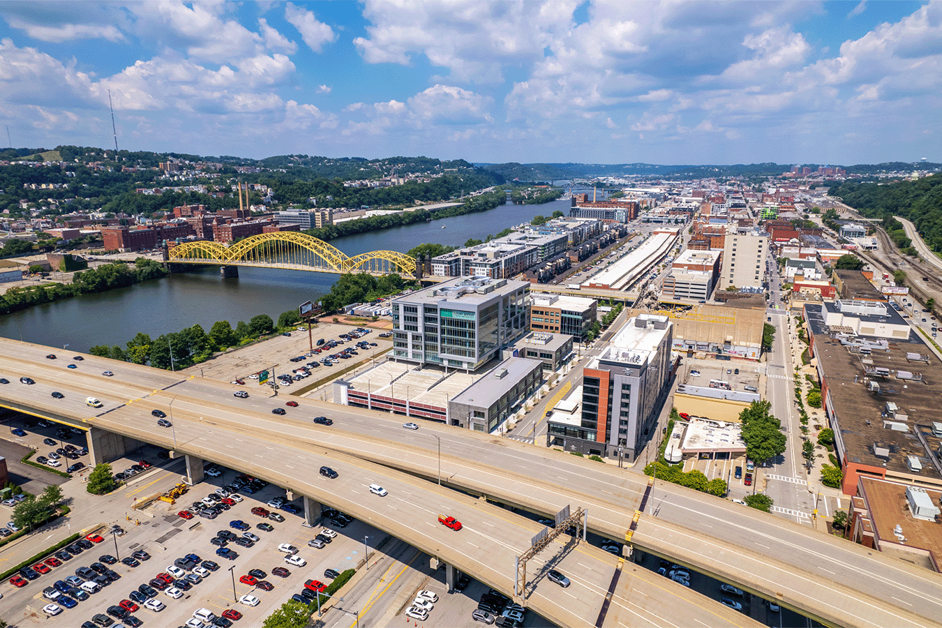 aerial view of the vision overlooking the strip district and veterans bridge