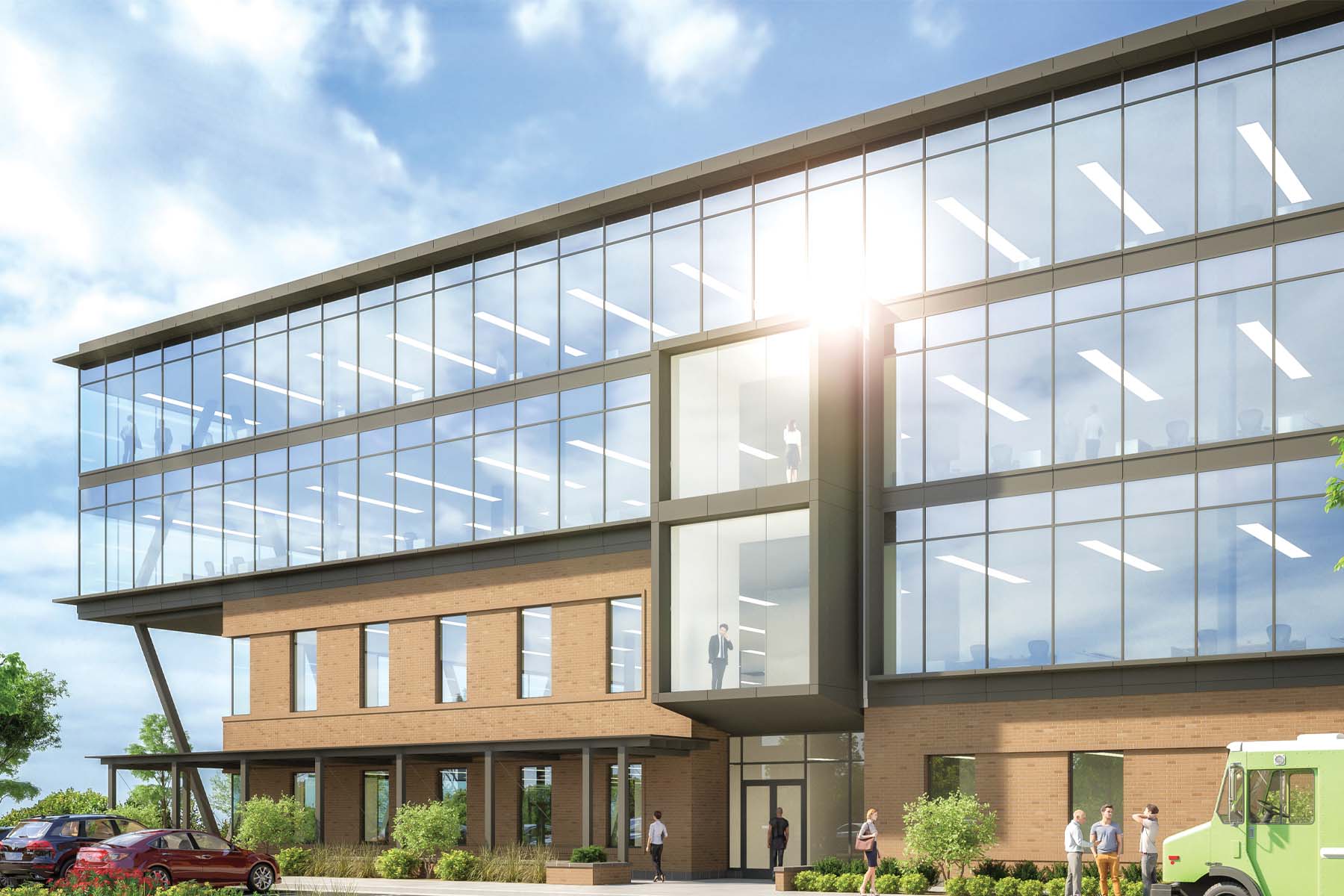 Rendering of a 4 story office building. People walking outside in the parking lot and visible from large floor to ceiling windows