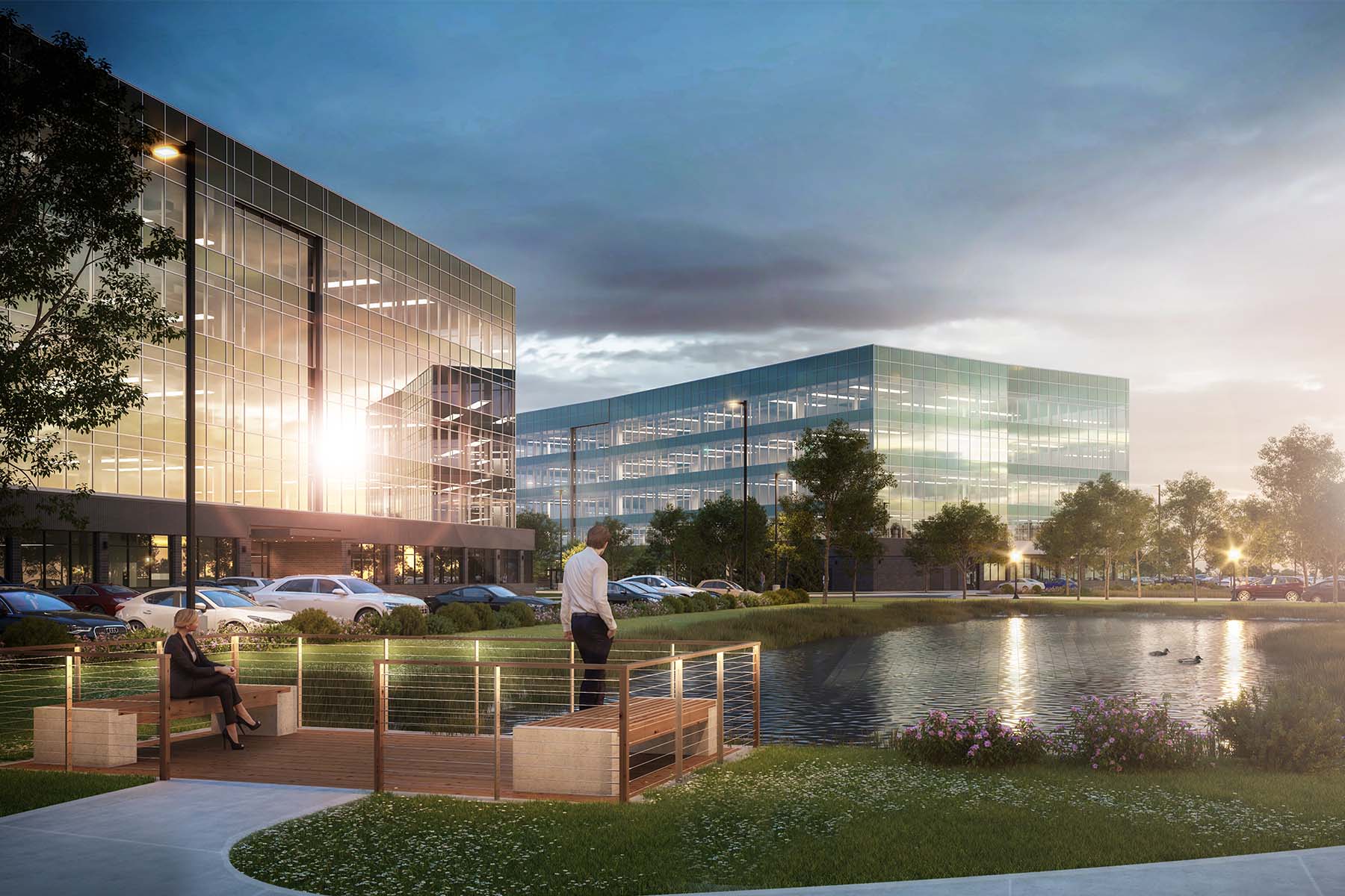 rendering of office park with multi story buildings
