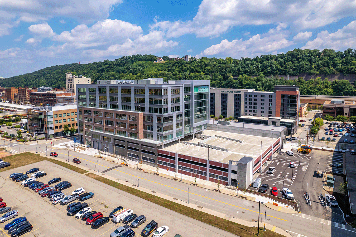 aerial view of vision and parking garage