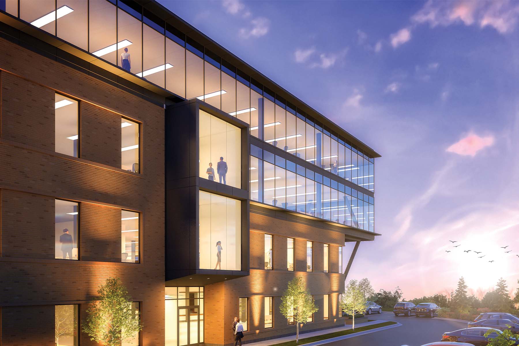 Rendering of a 4 story office building at sunset with people visible from upper story windows