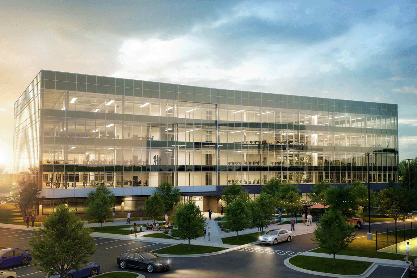 evening rendering of large glass office building