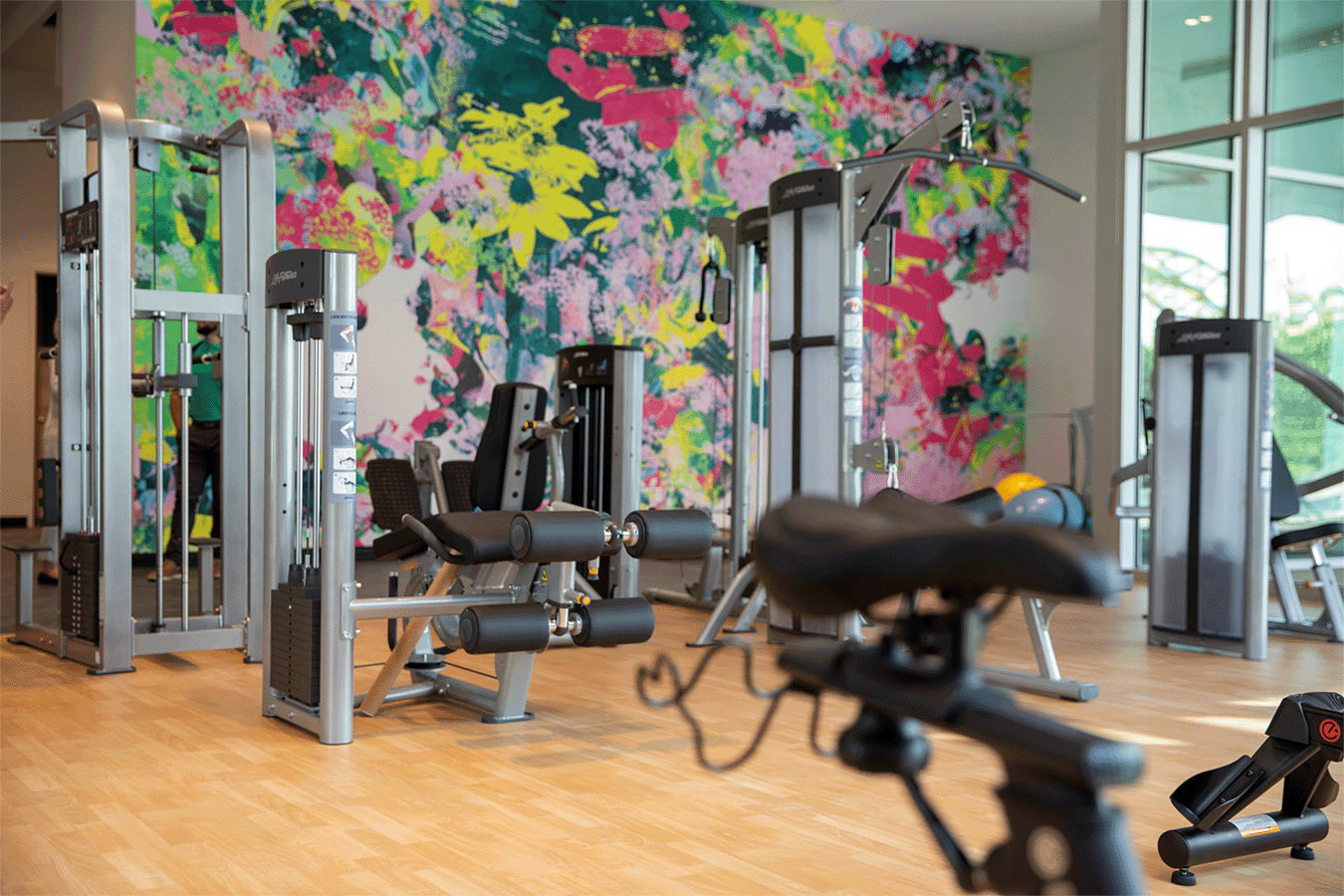 workout equipment with mural in the background