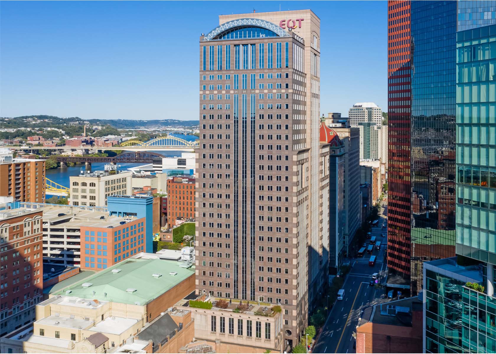 EQT Plaza tower in Pittsburgh aerial-view