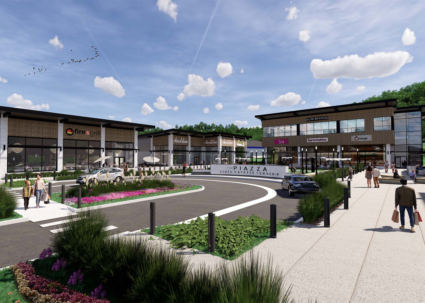 Digital rendering of the Piazza shopping plaza with the center's sign that reads: The Piazza, South Fayette Township