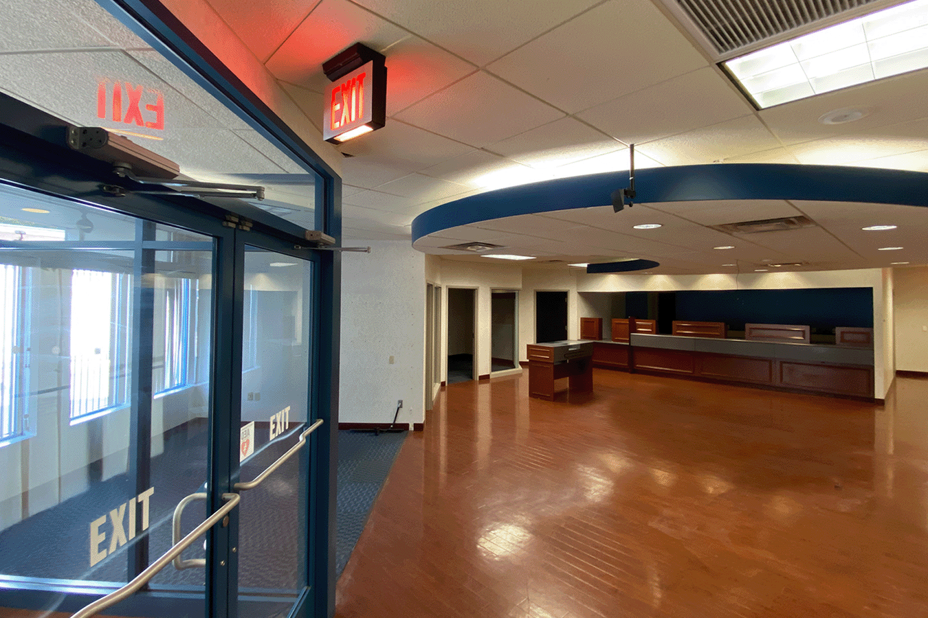 view from entryway into large open area former bank