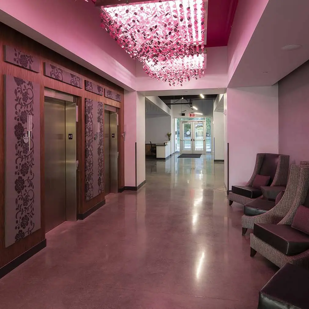 elevator lobby with abstract pink light fixtures